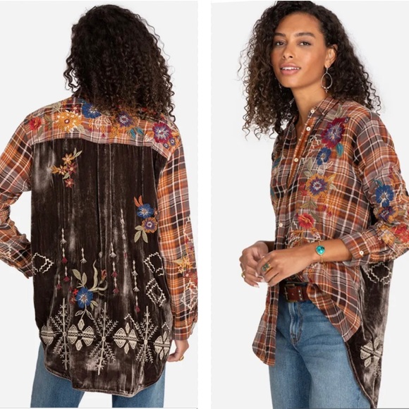 Johnny Was OLIVIA VELVET BACK OVERSIZED Buttons embroidered Small